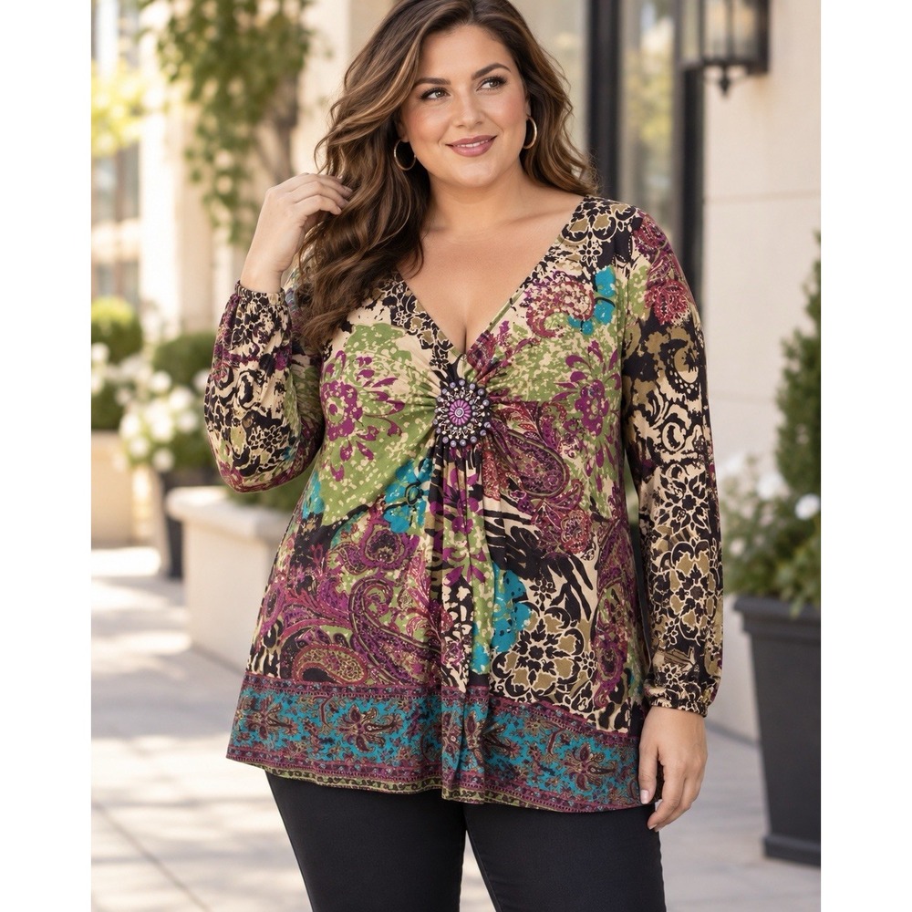 ECI New York XXL Paisley Floral Tunic Top Embellished V Neck Long Sleeve Stretch